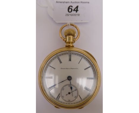 An early 20thC Elgin National Watch Co engraved yellow metal cased pocket watch, the keyless movement faced by a white enamel