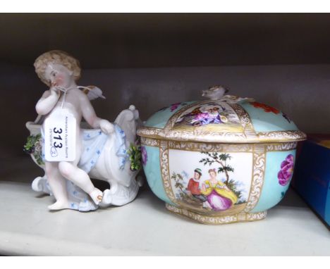 Late 19thC Continental porcelain: to include a pot and cover, decorated with figures  6''w; and a cherubic planter style vase