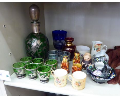 Decorative ceramics and glassware: to include a pair of Worcester Royal China Works miniature tankards; and a green glass liq