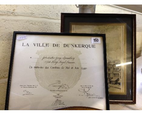 A WWII framed and glazed Certificate commemorating the Dunkirk Battles, awarded by the town of Dunkirk to John Walter George 