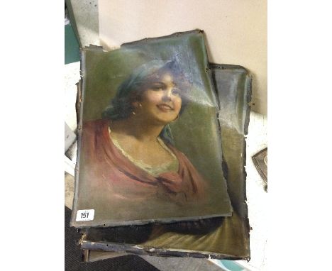 Three unframed 19th century Italian oils on canvas: Attractive young girl in blue head scarf and red dress together with a ma