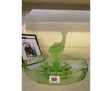 An Art Deco green glass flower bowl with central frosted glass fish figure.
