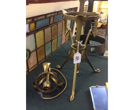 A small Arts & Crafts brass ceiling light hanging fitting in the style of Benson together with an Art Nouveau brass stand.