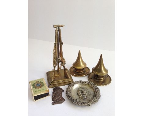 A pair of brass Pickelhaube helmet spikes together with a small quantity of various Trench Art items.
(R23)