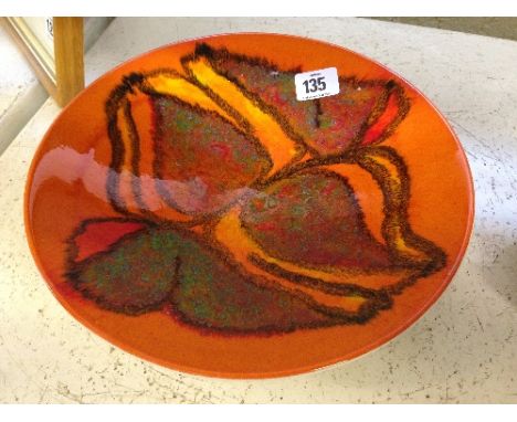 A Poole Pottery Delphis bowl, shape 4, decorated in an abstract pattern on orange ground by Cynthia Bennett.
