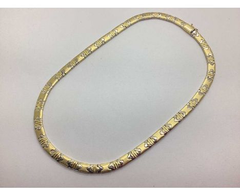A Modern Two-Tone Panel Collarette Style Necklace, of partially brushed finish, to push clasp with safety clip, stamped maker