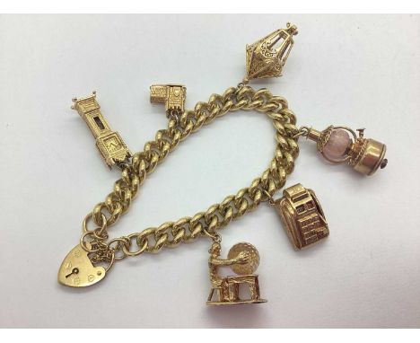 A 9ct Solid Gold Curb Link Charm Bracelet, to heart shape padlock style clasp stamped "375", suspending novelty charm pendant