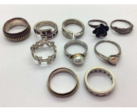  A Selection of Modern Hallmarked Silver and "925" Rings, including pearl set, open work bands, etc (finger sizes noted N-S) 