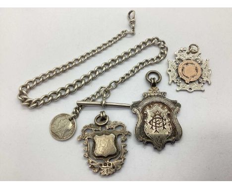 A Hallmarked Silver Curb Link Watch Chain, the graduated links to swivel style clasp, suspending T-bar and Victorian 1893 thr