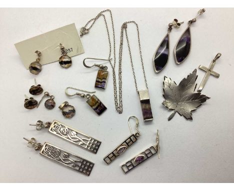 A Small Collection of "925" and Other Jewellery, to include Ralph Weston Blue John inset pendant on chain, Blue John teardrop