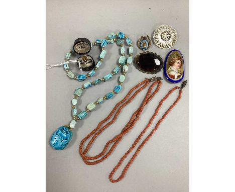 A Collection of Antique and Later Jewellery, to include two-strand coral bead necklace, mother of pearl brooch, painted panel