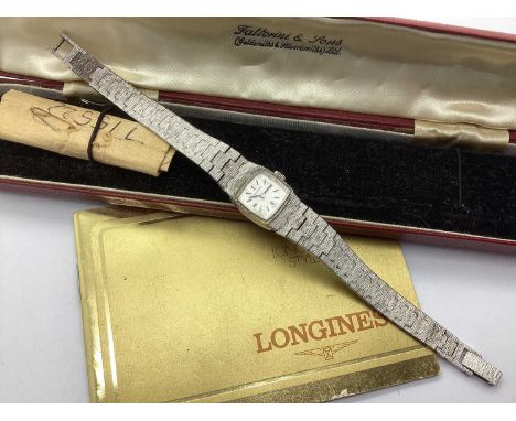 Longines; A Vintage '925' Ladies Wristwatch, the signed dial with baton markers, within shaped case, to integral bark texture