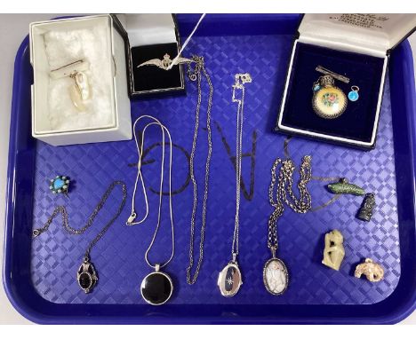 An Assortment of '925' and Other Jewellery, to include oval locket pendant suspended on a fine link chain, hardstone inset pe