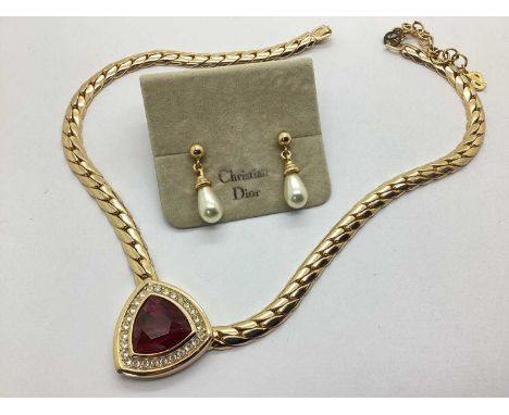 Christian Dior; A Vintage 1980's Gilt Coloured Necklace, the flat link chain to integral triangular inset pendant, together w