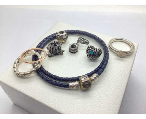 Pandora; Blue Braided Leather Wrap Bracelet, stamped "S925 ALE", together with a Pandora inset bubble style band, a Pandora r
