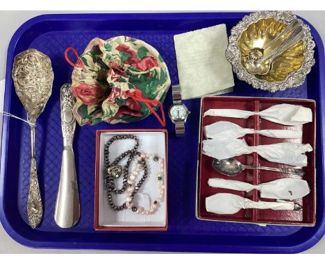 A Set of Six EPNS Apostle Spoons, together with a a set of four shell detailed salt spoons, gilt wash lined salt, decorative 