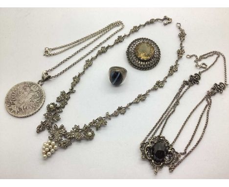 A Freshwater Pearl Bead and Marcasite Inset Panel Necklace, each panel of foliage design, to freshwater pearl bead inset flow