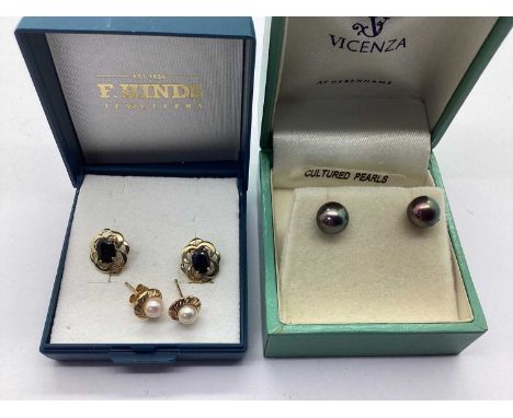 A Pair of Decorative Single Stone Earstuds, oval claw set to centre within pierced surround, together with a pair of freshwat