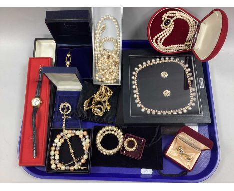 Imitation Pearl Bead Costume Jewellery, including necklaces, bracelets and brooches, a gilt coloured dog brooch, modern gilt 