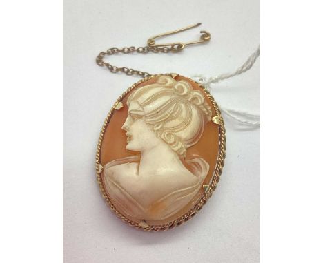 A 9ct Gold Mounted Carved Cameo Brooch, the oval panel depicting the side portrait of a lady, claw set within ropetwist style