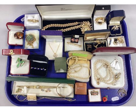 An Art Deco Inspired Brooch in the Style of Pierre Bex, a selection of imitation pearl bead necklaces and earrings, gilt colo