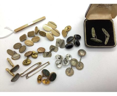 A Collection of Vintage and Later Cufflinks, including bullseye agate, bloodstone, composed from threepence pieces, faceted, 
