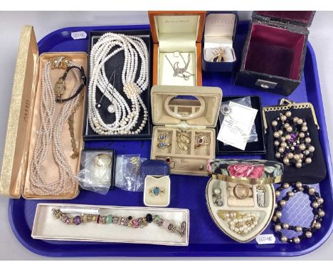 Imitation Pearl Bead Necklaces, a Pandora style charm bracelet, gilt coloured rings and earrings, etc, including jewellery bo