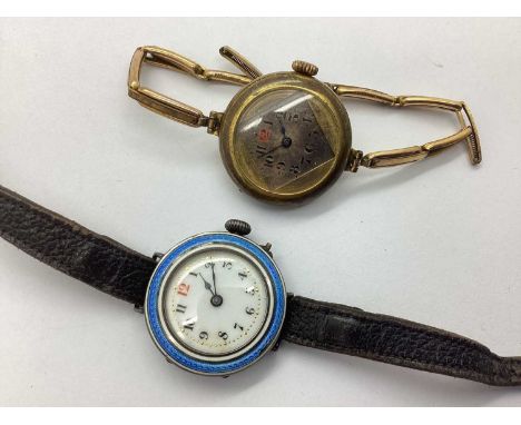 An Art Deco Style Enamel Ladies Wristwatch, the unsigned circular white dial with Arabic numerals, within plain case, stamped