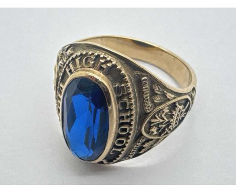 Spies Bros; A Vintage Single Stone College Ring, the oval stone collet set to centre within enscribed "Maria High School 1957