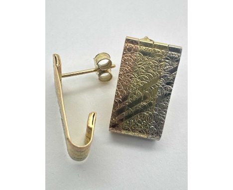 A Pair of Modern Tri-Colour Earrings, of partially textured panel design with foldover accent, each approximately1.7cm long, 