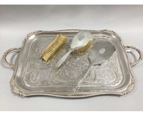 A Hallmarked Silver Mounted Three Piece Dressing Table Set, B&amp;Co, Birmingham 1971/72, comprising hairbrush, hand mirror a