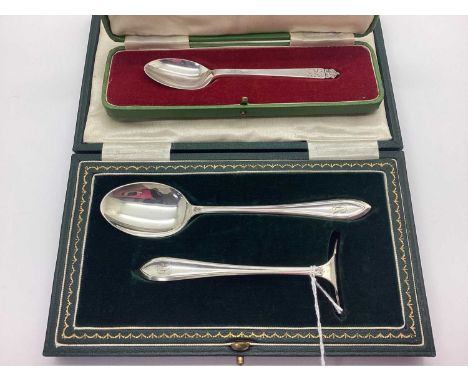 A Hallmarked Silver Baby Pusher and Spoon, R&amp;B, Sheffield 1924, initialled to terminal, in a vintage fitted case; Togethe