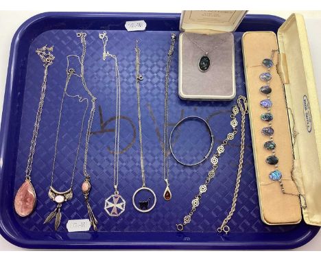 A Selection of Hallmarked Silver and "925" Pendants and Chains, including polished hardstone pendants, a Paua Shell panel sty