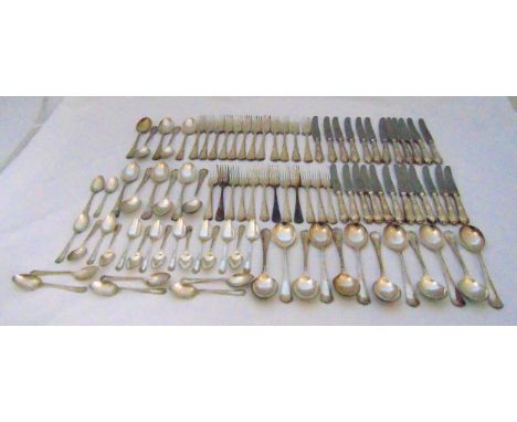 Mappin and Webb silver plated flatware for twelve place settings to include knives, forks, spoons, soup spoons, teaspoons and