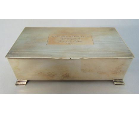 Mappin and Webb hallmarked silver rectangular engine turned cigarette box with presentation engraving and cedarwood lining al