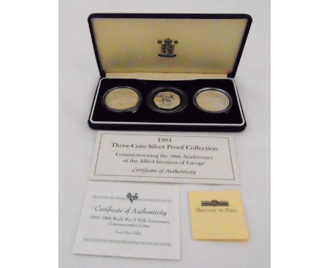1994 Three-coin silver proof collection commemorating the 50th anniversary of The Allied Invasion of Europe cased set to incl