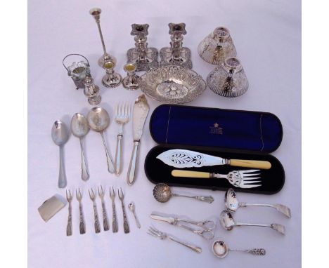 A quantity of silver plate to include table candlesticks, dishes, flatware and cased Mappin and Webb fish servers (25)