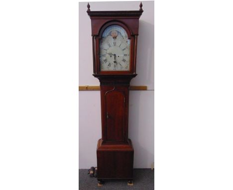 Sam Robson North Shields mahogany longcase clock, the painted dial with Roman numerals and phases of the moon, to include pen