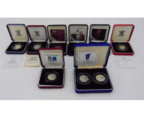 Nine Royal Mint Piedfort silver 50p coins to include 1993, 1994, 1997, 2000, 2003, 2004, 2005 and a 1998 two coin set all in 