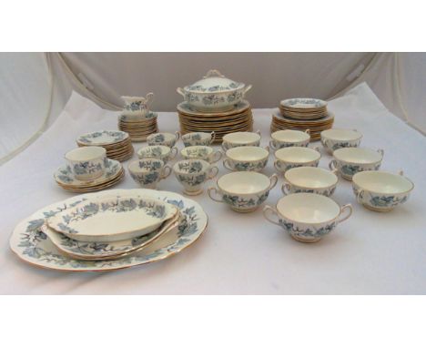 Royal Albert Silver Maple dinner and tea service to include plates, soup bowls, cups, saucers, jugs, a covered vegetable dish