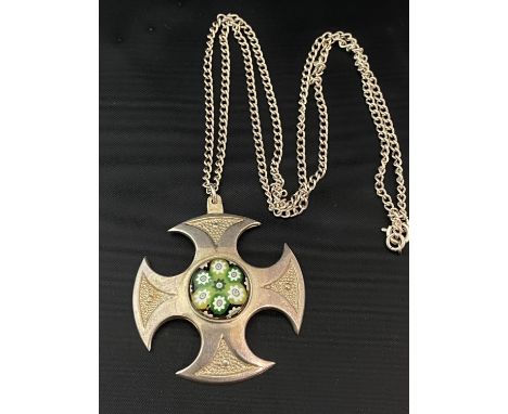 A vintage C.J Hallmarked Scottish silver Celtic cross with Caithness Milliori glass centre on sterling silver chain 