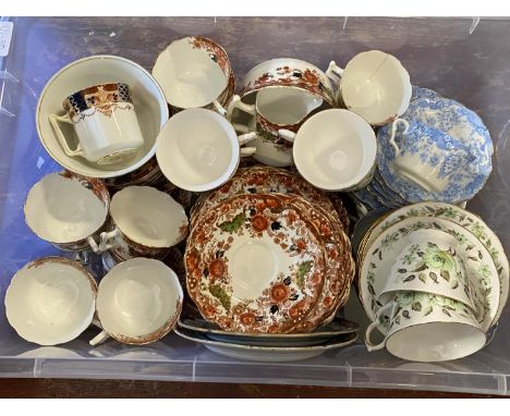 A box of assorted tea sets including Colclough, Wellington and Stanley, shipping unavailable