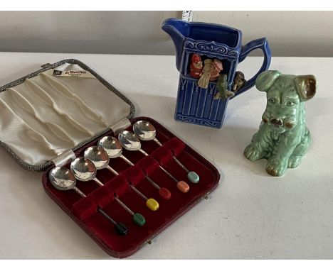 A Park Rose Punch and Judy jug with a cased set of spoons and Sylvac dog 