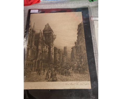 A original etching by J R Hutchinson depicting Fleet Street and the law courts 37x26cm, shipping unavailable