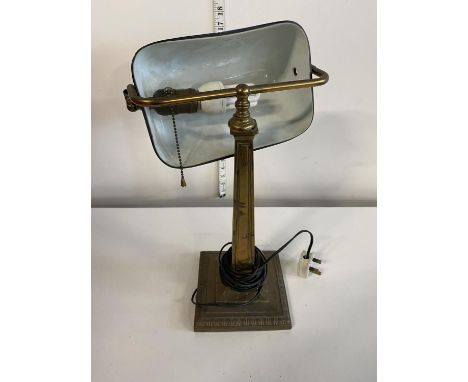 A early 20th century brass and green glass desk lamp (needs attention), shipping unavailable