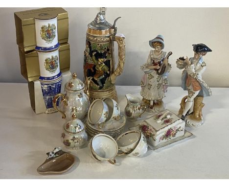 A box of assorted ceramics including Ringtons, Dresden Old Foley etc, shipping unavailable