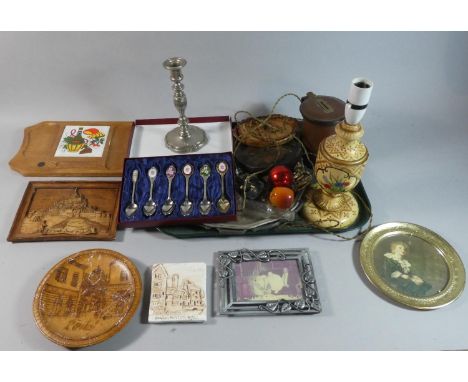 A Tray of Sundries to Include Table Lamp, Leather Tankard Money Box, Candlestick, Pictures and Prints etc 