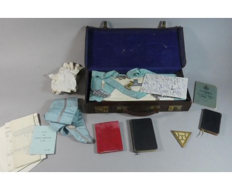 A Vintage Leather Case Containing Masonic Ephemera to Include Apron, Gloves, Sash, Booklets etc 