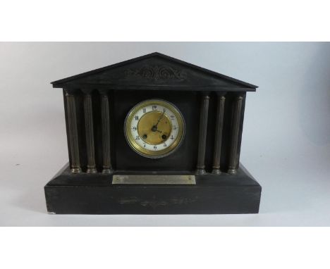 A French Presentation Black Slate Mantle Clock of Architectural Form with Engraved Masonic Plaque, Royal Caledonian Cork's Lo