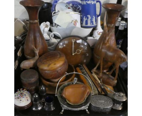 A Collection of Treen and Leather Mounted Items to Include Leather Vases and Lidded Box, Vintage Smiths Mantle Clock, Metalwa